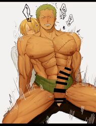 2boys abs absurd_res absurdres anal arms_at_sides bar_censor bara big_pecs blonde_hair blush censored chest clenched_teeth clothed clothed_male clothed_male_nude_male clothed_sex drooling earrings erection feet_out_of_frame green_hair haramaki hd189733b heart hi_res huge_pecs jewelry male male_only multiple_boys muscular muscular_male naked navel nipples nude nude_male one_piece open_pants pecs pectorals pre-timeskip precum reverse_upright_straddle roronoa_zoro scar scar_on_chest sex short_hair sideburns single_earring sound_effects speed_lines stomach straddling sweat tan_skin thick_thighs thighs torogao translation_request trembling vinsmoke_sanji yaoi