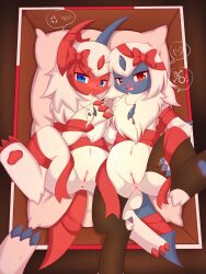 2girls absol alternate_color anus ass blue_eyes blush bowtie claws female_symbol frown happy heart_symbol in_box looking_at_viewer male_symbol multiple_girls neck_tuft necklace open-mouth_smile pawpads pokémon_(species) pokemon pokemon_(species) pussy red_eyes ribbon smile spread_legs white_fur