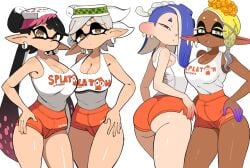 4girls animal_humanoid big_ass big_breasts big_butt black_eyelashes black_hair blue_hair bottomwear breasts callie_(splatoon) cephalopod cephalopod_humanoid cleavage clothed clothing deep_cut_(splatoon) duo ear_piercing ear_ring female frye_(splatoon) gray_hair headwear hooters hooters_uniform huge_ass huge_breasts humanoid inkling looking_at_viewer looking_back looking_back_at_viewer marie_(splatoon) marine marine_humanoid mollusk mollusk_humanoid multiple_girls nintendo octarian octoling piercing pseudo_hair red_eyes ring_piercing shiver_(splatoon) shorts simple_background splatoon splatoon_3 squid_sisters tentacle tentacle_hair text_on_clothing white_background yellow_eyes yellow_hair yuta_agc