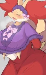 absurd_res anthro big_breasts breasts canid canine chest_tuft clothed clothing delphox faceless_character faceless_male female fur generation_6_pokemon hi_res inner_ear_fluff kemono male mammal neck_tuft nintendo nojaaaaaaaarori open_mouth pokemon pokemon_(species) pokemon_unite red_body red_fur sex simple_background tea_party_style_delphox tuft white_body white_fur yellow_body yellow_fur