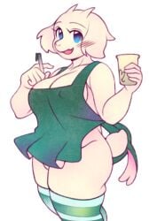 1girls 2023 apron apron_only big_breasts blue_eyes blush bokkymen5747706 breasts caprine coffee_cup female female_only furry furry_only goat_ears goat_girl goat_horns goat_tail green_apron horns looking_at_viewer naked_apron nipple_bulge pen stockings tail toriel undertale undertale_(series) white_body white_fur