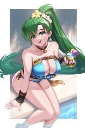 1girls alternate_costume artist_name blue_bikini blue_swimsuit bracelet breasts burnt_green_tea choker cleavage drink earrings feet_in_water female female_only fire_emblem fire_emblem:_the_blazing_blade fire_emblem_heroes green_eyes green_hair large_breasts long_hair lyn_(fire_emblem) nintendo official_alternate_costume ponytail pool poolside sitting smile solo solo_female solo_focus swimsuit thighs water watermark