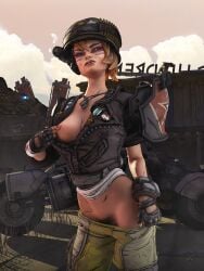 3d alternate_version_available blender borderlands borderlands_3 brown_hair clothed disgusted flashing flashing_breasts flashing_pussy moze_(borderlands) pubic_hair rekkakun soldier tasteful_nudity