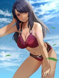 1girls alternate_costume arm_up asymmetrical_bangs bangs bare_shoulders bikini black_hair breasts busty cleavage curvy dark-skinned_female female female_only hand_in_hair hand_on_leg hand_on_thigh highres hourglass_figure large_breasts long_hair looking_at_viewer midriff monolith_soft navel nintendo official_alternate_costume open_mouth oyasu_(kinakoyamamori) pink_bikini pink_swimsuit red_eyes sharla_(xenoblade) smile smiling swimsuit thick_thighs thighs very_long_hair voluptuous wide_hips xenoblade_(series) xenoblade_chronicles