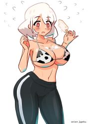 1girls big_breasts bikini bikini_top blush breasts cow_bikini enormous_breasts female female female_only ice_cream moonatic moonie_(moonatic) red_eyes short_hair surprised thick_thighs white_hair yoga_pants