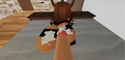1boy 1girls 3d artist_request black_legwear brown_hair cum cum_on_feet dark-skinned_female dark_skin disembodied_penis feet female foot_fetish footjob horn interracial interracial_sex lena_(roblox) light-skinned_male light_skin male penis precum roblox robloxian source_request stirrup_legwear tagme thighhighs