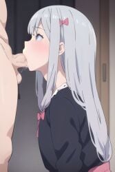 1boy 1girls ai_generated airest black_shirt blue_eyes blush bow brother_and_sister clothed_female_nude_male eromanga_sensei fellatio female from_side grey_hair hairbow half_siblings incest indoors izumi_sagiri long_hair looking_up male naked_male nude oral penis pink_bow pubic_hair saliva shirt siblings skirt solo_focus stable_diffusion straight tears testicles uncensored