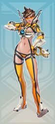 1girls abstract_background breasts brown_hair cleavage clothing crossover eyes female female_only fusion gun kamui_(kill_la_kill) kill_la_kill light-skinned_female light_skin long_legs overwatch slender_legs slim_waist solo thighs tracer visor zed_edge