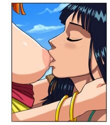 2girls black_hair breast_sucking breasts exposed_breasts female female_only lesbian lesbian_sex long_hair multiple_girls nami nico_robin nipple_sucking nipples one_piece orange_hair pre-timeskip short_hair showdownas sucking sucking_nipples suckling tank_top tank_top_pull woman_sucking_breast yuri