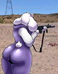 2d 2d_(artwork) 2d_artwork ass ass_focus color comedy deltarune funny goat goat_ears goat_girl goat_humanoid gun horns humor milf shooting tagme thick_ass thick_thighs toriel undertale undertale_(series) white_background white_body