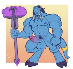 1boy balls biceps big_muscles blizzard_entertainment blue_body draenei erection genitals hammer_(weapon) hi_res hooves humanoid leelikessmut male male_draenei male_only muscular nipples nude pecs penis pubes solo solo_male tail warcraft