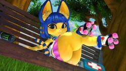 16:9 3d 3d_(artwork) 3d_model :< adriandustred animal_crossing ankha ankha_(animal_crossing) ankha_(zy0n7) anthro ass big_butt blue_hair bottomwear clothed clothing digital_media_(artwork) domestic_cat doubutsu_no_mori felid feline felis female hair hi_res looking_at_viewer mammal miniskirt monster_energy nairu_(doubutsu_no_mori) nintendo no_underwear outside quad_skates roller_skates short_stack skirt solo thick_thighs widescreen yellow_body zy0n7