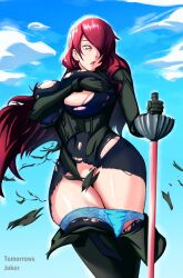 1girls atlus big_breasts bodysuit convenient_censoring large_breasts light-skinned_female long_hair mitsuru_kirijo persona persona_3 persona_4 red_eyes red_hair ripped_bodysuit ripped_clothing shocked_expression thick_legs thick_thighs tomorrowsjoker torn_clothes