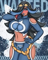 black_hair blue_eyes blue_highlights blue_theme blush dark-skinned_female female flatillustratorkhan game_freak hair_over_one_eye howardk nintendo pokemon pokemon_oras shelly_(pokemon) shelly_(pokemon_oras) silvina_(pokémon) solo