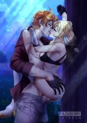 1boy 1boy1girl 1girls against_tree ass_grab blonde_hair breast_on_chest carrying_partner childe_(genshin_impact) dripping_cum fanon_couple female female_penetrated forest french_kiss genshin_impact ginger gloves hoyoverse kissing legs_around_partner looking_at_partner lumine_(genshin_impact) making_out male male_penetrating mihoyo night open_fly open_shirt outdoor_sex outdoors partially_clothed phloxberry public public_sex sex sideboob stand_and_carry_position standing standing_sex straight tartaglia_(genshin_impact) thigh_boots tongue_kiss