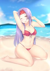 alternate_costume arm_behind_head arm_up armpits bare_legs bare_shoulders barefoot bikini breasts cleavage female female female_only fire_emblem fire_emblem:_radiant_dawn headband highres nabunabu ocean open_mouth outdoors purple_hair sanaki_kirsch_altina solo swimsuit thick_thighs thighs very_long_hair yellow_eyes