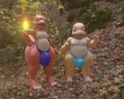 2023 3d_(artwork) 5:4 anthro blender_(software) blender_eevee bottomwear bottomwear_down brother_(lore) brothers_(lore) bulge charmander charmeleon chubby_male clothed clothing digital_media_(artwork) duo fire flaming_tail generation_1_pokemon goeybowser lizard male male/male nintendo nipples one_eye_closed open_mouth orange_body panties pants pants_down partially_clothed pokemon pokemon_(species) reptile scalie sibling_(lore) simple_background tail underwear wink