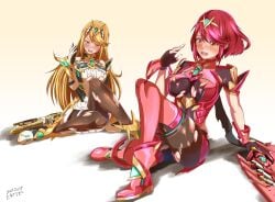 2girls black_gloves black_legwear blonde_hair blush boots breasts brown_legwear cleavage clothed clothed_female clothing core_crystal dress elbow_gloves embarrassed female female_only fingerless_gloves gloves highres large_breasts legwear long_sleeves monolith_soft mythra nintendo pyra red_boots red_eyes red_hair red_shorts red_thighhighs samu_poteto short_hair shorts sitting super_smash_bros. sword thick_thighs thigh_boots thighhighs thighs torn_clothes torn_clothing very_long_hair weapon white_dress white_gloves xenoblade_(series) xenoblade_chronicles_2 yellow_eyes