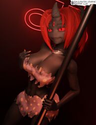 3_eyes 3_horns 3d bestia black_body black_skin demon demon_girl huge_breasts lox_(artist) necklace painted_nails pole_dancing red_eyes red_hair the_beast_(the_binding_of_isaac) the_binding_of_isaac torn_clothing