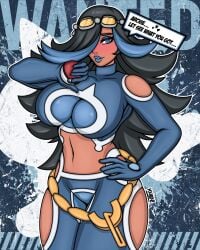 black_hair blue_eyes blue_highlights blue_theme blush dialogue english_text flatillustratorkhan game_freak hair_over_one_eye howardk long_hair nintendo pokemon pokemon_oras shelly_(pokemon) shelly_(pokemon_oras) silvina_(pokémon) solo speech_bubble text