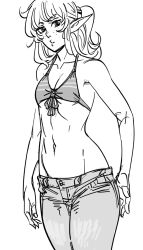 1girls bb_(baalbuddy) belt bikini bikini_top_only breasts closed_mouth denim elf female female_only freckles greyscale highres jeans looking_at_viewer midriff monochrome navel no_bra one_eye_closed original pants pointy_ears ponytail shirt small_breasts solo swimsuit