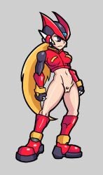 1girls armor armored_boots armored_gloves blonde_female blonde_hair blonde_hair blue_eyes bottomless genderswap_(mtf) mega_man mega_man_zero robot robot_girl rule_63 slumburger solo solo_focus standing tagme zero_(mega_man)