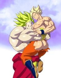 2boys bara bare_ass bare_chest barechested bearhug broly broly_(dragon_ball_z)_1993 dragon_ball dragon_ball_z exposed_ass gay goku legendary_super_saiyan male male_only muscular muscular_male son_goku super_saiyan torn_clothes vanbrand yaoi