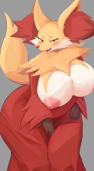 absurd_res anthro areola big_breasts black_body black_fur breasts canid canine delphox female fur generation_6_pokemon hi_res huge_breasts huge_hips huge_thighs inner_ear_fluff looking_at_viewer mammal multicolored_body multicolored_fur nintendo nipples nojaaaaaaaarori pink_areola pink_nipples pokemon pokemon_(species) red_body red_eyes red_fur simple_background solo standing thick_thighs tuft white_body white_fur wide_hips yellow_body yellow_fur