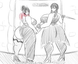 2girls assassin big_ass big_breasts cleavage crossover dress exposed_ass igphhangout mizu_(igphhangout) multiple_girls spy_x_family yor_briar yor_forger