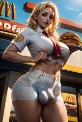 1futa ai_generated ball_bulge balls balls_in_shorts balls_under_clothes big_mac blonde_futa blonde_hair bulge bulge_through_clothing clothed collared_shirt curvy dickgirl flaccid freckles from_below futa_only futanari hamburger intersex large_breasts mcdonald's midriff necktie open_mouth penis penis_bulge penis_in_shorts penis_under_clothes short_shorts shorts_bulge somnectar testicles thick thick_thighs waitress waitress_uniform