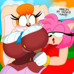 2girls 3barts amy_rose anthro big_breasts blush dress female female_only hedgehog huge_breasts ice_cream_cone lagomorph large_breasts mature_female milf multiple_girls rabbit sonic_(series) vanilla_the_rabbit voluptuous