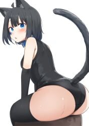 1girls animal_ears animal_tail ass big_ass black_hair blue_collar blue_eyes blushing cat_ears cat_tail collar daebom female female_only light-skinned_female light_skin looking_at_viewer m18_hellcat medium_breasts one-piece_swimsuit short_hair sitting solo stockings_thigh_highs swimsuit thighs war_thunder wet white_background