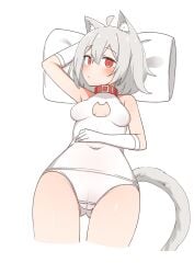 belly_button blushing cat_ears cat_tail daebom looking_at_viewer m18_hellcat medium_breasts pillow pose pussy_line red_collar red_eyes swimsuit tagme thighs war_thunder white_hair