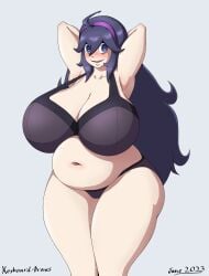 1girls alternate_breast_size arms_behind_head arms_up bbw belly big_breasts blush bra busty chonky chubby chubby_female curvy female female_only hex_maniac huge_breasts human keyboard-draws keyboardlewds looking_at_viewer nintendo overweight overweight_female panties plump pokemon purple_eyes purple_hair solo solo_female thick_thighs underwear venus_body voluptuous wide_hips