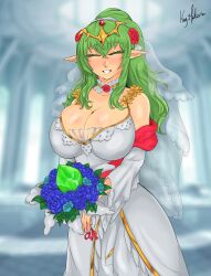 1girls alternate_costume bare_shoulders bouquet bridal_veil bride choker cleavage closed_eyes collarbone dress female female_only fire_emblem fire_emblem_awakening fire_emblem_heroes flower green_hair grin hair_flower huge_breasts indoors kajimateria long_hair nintendo official_alternate_costume pointy_ears ponytail see-through shoulders smile solo stone tiki_(adult)_(bridal)_(fire_emblem) tiki_(adult)_(fire_emblem) tiki_(fire_emblem) veil wedding_dress wide_hips