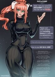 big_breasts breasts dialogue doki_doki_literature_club female female_only futa_transformation futanari intersex monika_(doki_doki_literature_club) redhead solo solo_female standing streachybear text thick_thighs tight_clothing transformation