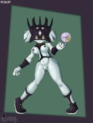 1girls black_nipples boots fusion game_freak jojo's_bizarre_adventure jojo_reference leather_straps masked_female meowscarada nintendo playror pokemon pokemon_sv rule_63 sole_female stand_(jjba) stone_ocean white_body white_fur white_hair white_pupils whitesnake