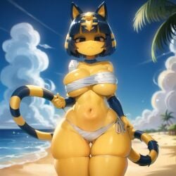 absurd_res ai_generated animal_crossing ankha ankha_(animal_crossing) anthro bandages beach big_breasts black_eyes blue_hair breast_squeeze cat_ears cat_tail catgirl egyptian looking_at_viewer nai_diffusion nintendo ocean stable_diffusion striped_tail stripes thick_thighs thigh_gap touching_tail water wide_hips wrapped_up yellow_skin