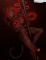 3_eyes 3_horns 3d bestia black_body black_skin demon demon_girl demon_tail goat_legs huge_breasts lox_(artist) necklace painted_nails pole_dancing red_bikini red_eyes red_hair smile the_beast_(the_binding_of_isaac) the_binding_of_isaac thong_bikini voluptuous winking