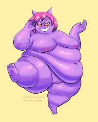 anthro artist_name belly big_belly big_breasts breasts fat feet female generation_1_pokemon gengar genitals grin hair hi_res looking_at_viewer maddieringtail morbidly_obese morbidly_obese_anthro morbidly_obese_female navel nintendo nipples noctoon nude obese obese_anthro obese_female overweight overweight_anthro overweight_female pink_hair pokemon pokemon_(species) pussy red_eyes shadie_(noctoon) simple_background smile solo text url yellow_background