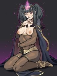 1girls black_hair bodystocking breasts breasts_out female female_only fire_emblem fire_emblem_awakening glowing glowing_eyes grey_eyes hi_res kneeling long_hair looking_at_viewer narrowed_eyes nintendo nipples porqueloin seductive seductive_smile smug solo tharja_(fire_emblem) twintails