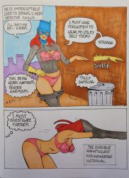 barbara_gordon batgirl bra comic dc dc_comics dialogue exposed_bra exposed_panties exposed_underwear glove_removed legmuscle mask masked oblivious page_3 panties pants_down pants_pulled_down pink_bra pink_panties pink_underwear public_exposure red_hair redhead removed_clothing ripped_clothes ripped_clothing shirt_pull stripped torn_clothes torn_clothing underwear