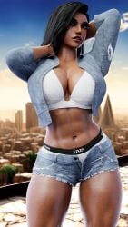 1girls 3d 3d_(artwork) abs belly belly_button belly_button_piercing big_breasts blizzard_entertainment booty_shorts bra breasts cleavage dark-skinned_female dark_skin denim denim_jacket denim_shorts egyptian egyptian_female female female_focus female_only fully_clothed grvty3d innie_belly_button legs legs_together lingerie muscle muscles muscular muscular_female navel navel_piercing overwatch panties pharah pierced_belly_button pierced_navel posing short_shorts shorts six_pack solo solo_female solo_focus stomach text_on_clothing thick_thighs thighs toned toned_belly toned_female toned_stomach underwear white_bra white_panties white_underwear