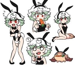 ? alternate_costume arm_under_breasts blush bowtie bunny_ears bunny_girl bunny_tail bunnysuit carrot cleavage detached_collar embarrassed female female_only full_body kb17 looking_at_viewer made_in_abyss meinya phallic_symbol playboy_bunny prushka red_eyes sexually_suggestive short_hair sitting small_breasts smile solo standing two_tone_hair wariza white_hair wrist_cuffs