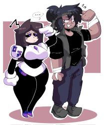 1boy 1girls antennae big_breasts black_sclera breasts brown_hair colored_sclera curvy curvy_female dork_boi dorky_(lewd_dorky) facial_hair female fully_clothed gloves hand_up lewd_dorky long_hair purple_eyes salute spoken_ellipsis standing thick_thighs wide_hips