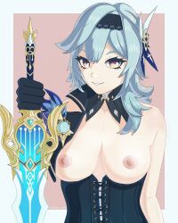 1girls barechested blue_hair braless corset eula_(genshin_impact) female female_only genshin_impact gloves gold_eyes single_girl sword video_game video_games