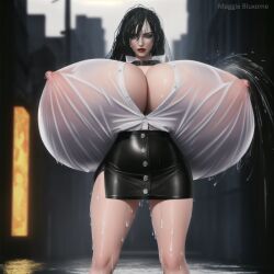 ai_generated black_hair breasts breasts_bigger_than_head breasts_bigger_than_torso button_down_shirt collared_shirt enormous_breasts gigantic_breasts human hyper hyper_breasts light-skinned_female light_skin long_hair maggie_bluxome_(artist) massive_breasts pale_skin raining soaking stable_diffusion wet_clothes wet_hair