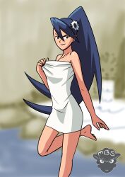 1girls hair_ornament long_hair m.blacksheepexe mega_man mega_man_battle_network pinup_pose ponytail solo_female standing tall_female tamako_shiraizumi towel towel_only