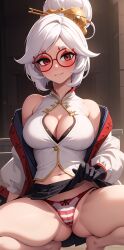 ai-chan42069 ai_generated blush cameltoe cleavage exposed_panties hair_ornament medium_breasts miniskirt purah purah_(tears_of_the_kingdom) red_eyes red_glasses short_hair skirt_lift squatting stable_diffusion striped_panties tears_of_the_kingdom the_legend_of_zelda white_hair