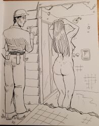 accidental accidental_circumstance accidental_exposure ass black_and_white clothed_male_nude_female cmnf construction_worker exposed_ass exposed_butt legmuscle long_hair oblivious shower showering unaware